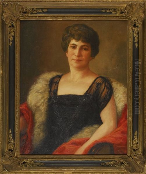 Portrait Of A Woman Wearing A Black Dress And White Fur Stole Oil Painting by Edwin Burrage Child