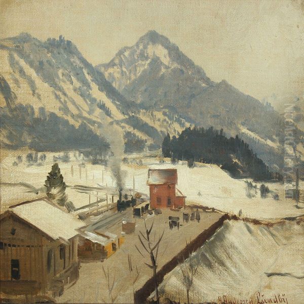 Wintry Mountainscape With Train Oil Painting by Anders Anderson-Lundby