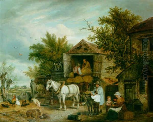 Loading The Hay Wagon In A Farmyard Oil Painting by Elias Childe