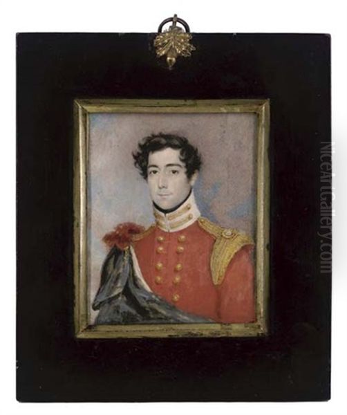 An Officer Of A Light Company Of An Infantry Regiment, With White Collar With Gold Embroidery, A Blue Cloak Over His Shoulder Oil Painting by James Warren Childe