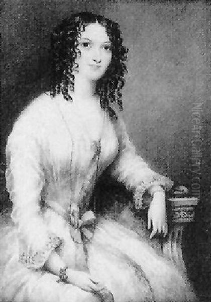 Miss Louisa Howard Of The Theatre Royal, Haymarket, Seated Wearing White Dress Trimmed With Blue Ribbon by James Warren Childe