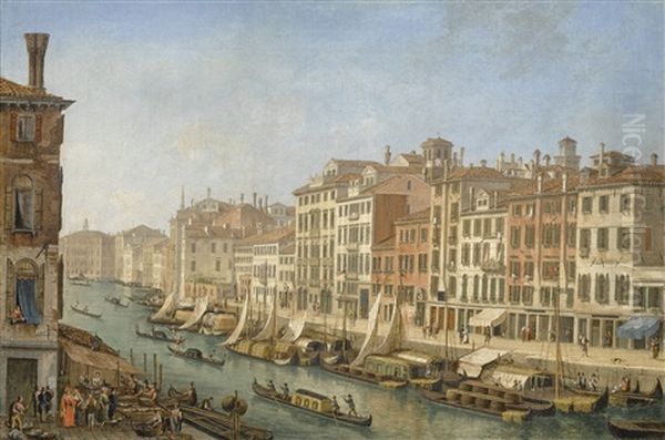 Venice, View Along A Canal With Gondolas And Figures At A Fish Market Oil Painting by Vincenzo Chilone