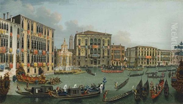 The Regatta On The Grand Canal, Venice, Looking Towards The Palazzo Foscari And Palazzo Balbi Oil Painting by Vincenzo Chilone