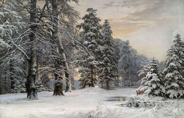 Wintrylandscape At Early Morning. Oil Painting by Anders Anderson-Lundby