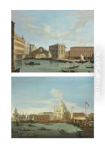 View Of The Rialto Bridge, Venice (+ Procession In Front Of Santa Maria Della Salute, Venice; Pair) Oil Painting by Vincenzo Chilone