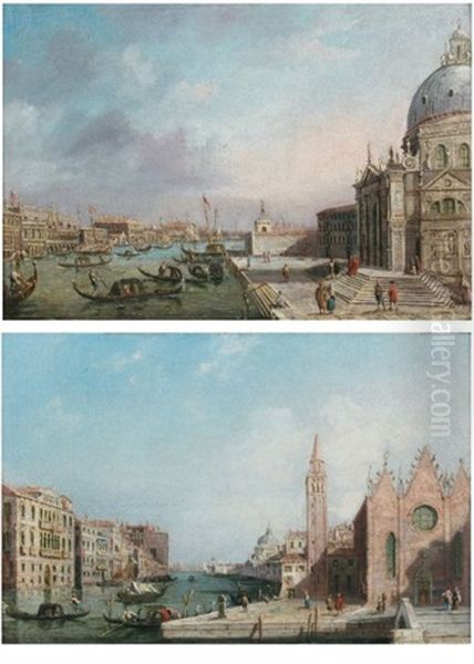 Vue De L'eglise Santa Maria Delle Carita Au Bord Du Grand Canal (+ Vue De Santa Maria Della Salute Au Bord Du Grand Canal; Pair) Oil Painting by Vincenzo Chilone