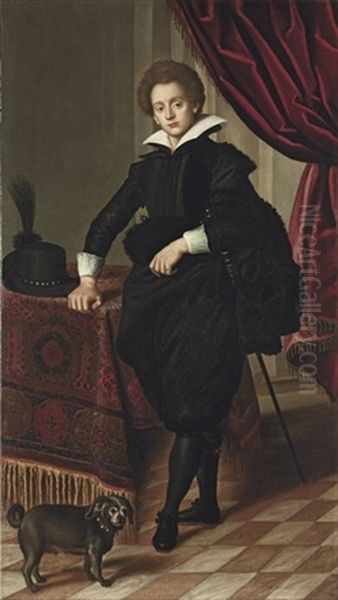 Portrait Of A Gentleman In Black Doublet, Mantle And Pantaloons Oil Painting by Jacopo (da Empoli) Chimenti