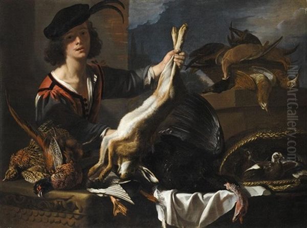 A Still Life Of Dead Game With A Young Man Holding Up A Hare Oil Painting by Jacopo (da Empoli) Chimenti