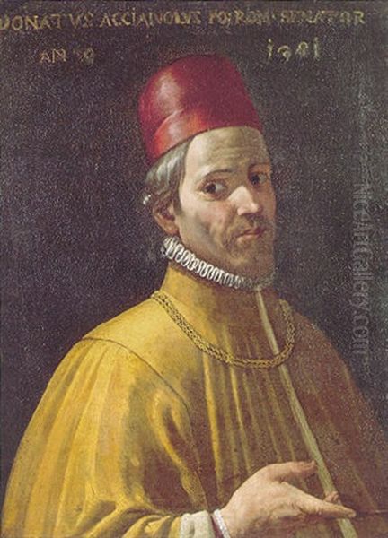 Portrait Of A Gentleman, Wearing 14th Century Costume With A Yellow Tunic, A Red Hat And A Gold Chain Oil Painting by Jacopo (da Empoli) Chimenti