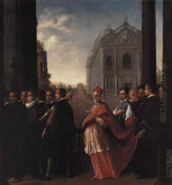 A Cardinal's Procession Under A Colonnade, A Church Beyond Oil Painting by Jacopo (da Empoli) Chimenti