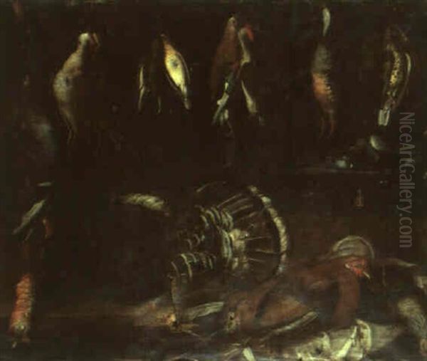 Duck, Woodcock, Jays, Pigeon, And Poultry In A Larder Oil Painting by Jacopo (da Empoli) Chimenti