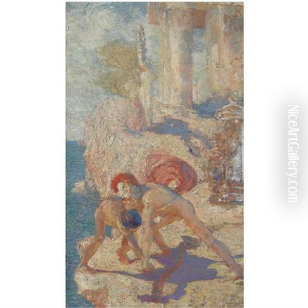 Men Fighting Near Ruins Oil Painting by Nikolaos Chimonas