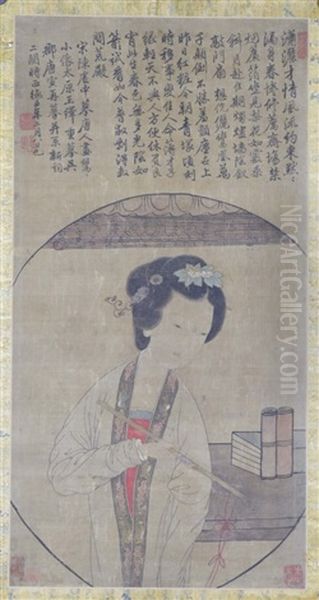 Chinese Painting Of A Lady On Silk Oil Painting by  Chinese School-Ming Dynasty