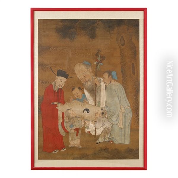 Lsanxing Deities Fu, Lu, Shou Oil Painting by  Chinese School-Ming Dynasty