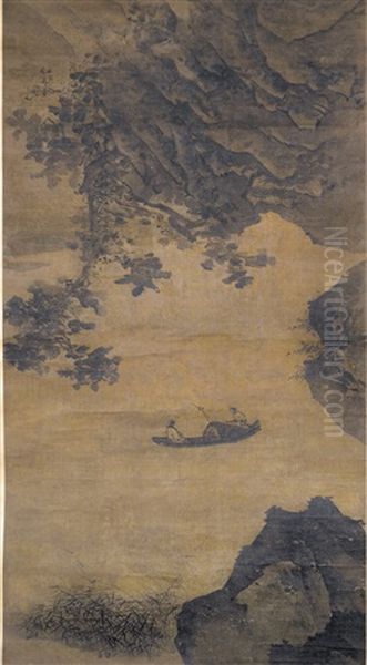 Fisherman In Landscape Oil Painting by  Chinese School-Ming Dynasty