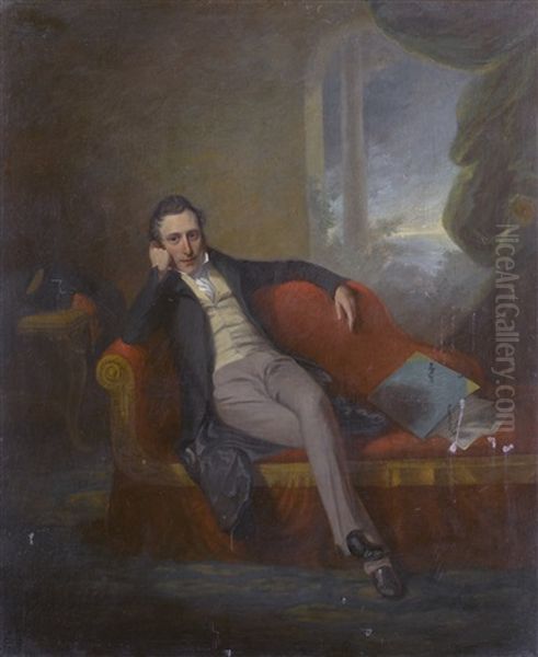 Portrait Of A Gentleman, Seated On A Chaise-longue, A Landscape Beyond Oil Painting by George Chinnery