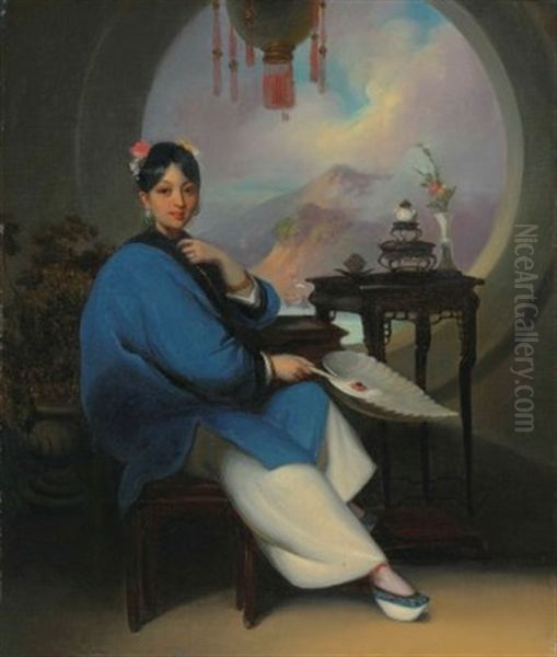 A Chinese Woman Seated, Wearing Flowers In Her Hair, Jade Earrings And Blue Nankeen Dress, Holding A Feather Fan, Before A Circular Window, With A View To A Chinese Coastal Landscape Beyond Oil Painting by George Chinnery