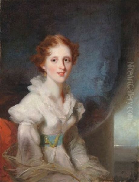 Portrait Of A Lady, Seated Half Length, Wearing A Blue Sash Oil Painting by George Chinnery