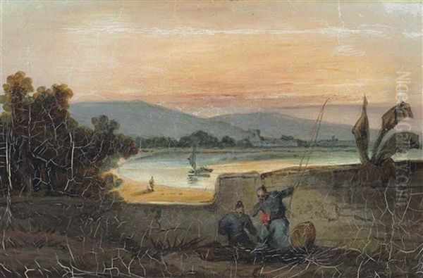 Sunset, Macao, With Fishermen, And A Bay Beyond Oil Painting by George Chinnery