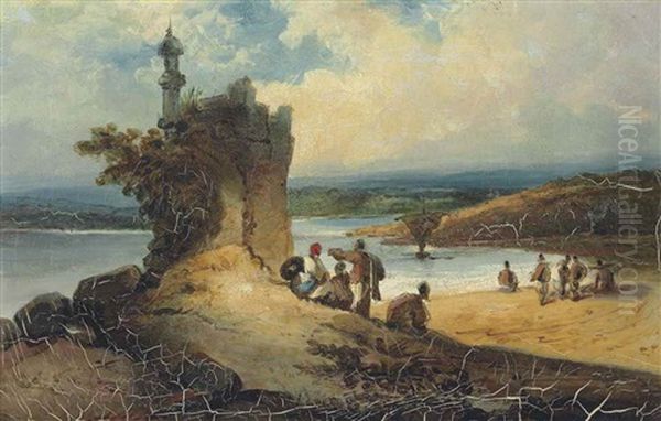 A Coastal Landscape At Macao With Chinese By A Ruined Temple Oil Painting by George Chinnery