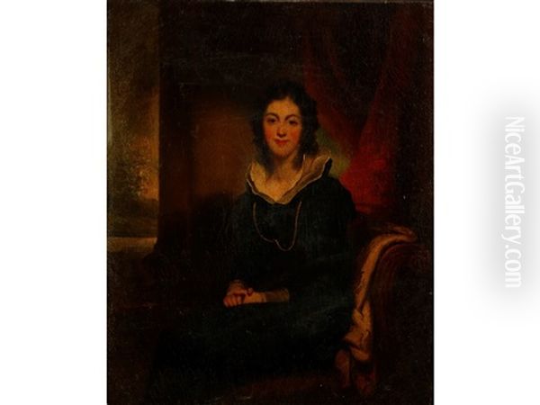 A Portrait Of Catherine Hungerford, Seated In An Interior, Wearing A Gold Guard Chain Over Her Black Dress, Her Clasped Hands Resting On Her Lap, With Red Curtains Behind And A Landscape To The Distance Oil Painting by George Chinnery