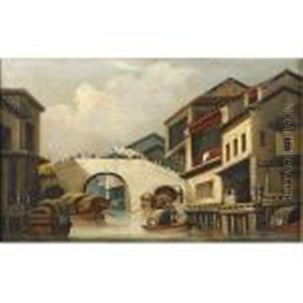 Canal And Bridge At Honam, Canton Oil Painting by George Chinnery