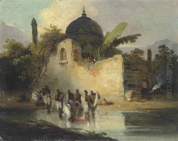 Indians Bathing By A Ruined Temple, Bengal Oil Painting by George Chinnery