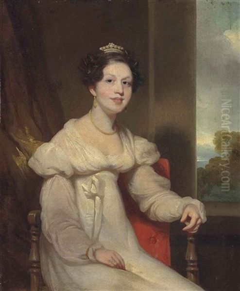 Portrait Of A Lady, Seated Small Three-quarter Length In An Interior, A Landscape Beyond Oil Painting by George Chinnery