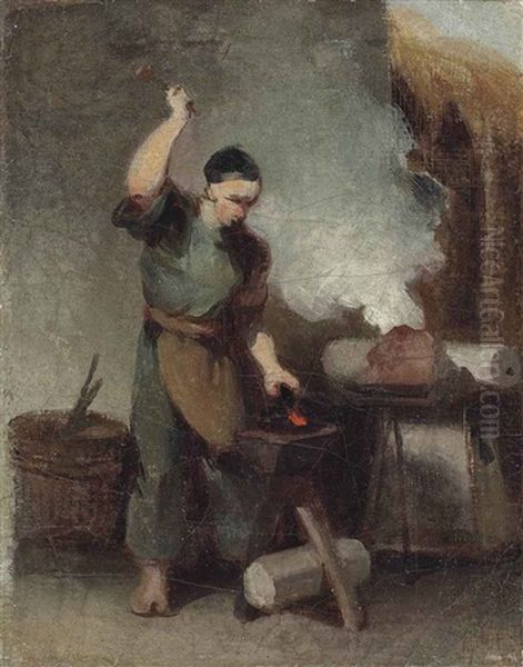 A Chinese Blacksmith At His Forge Oil Painting by George Chinnery