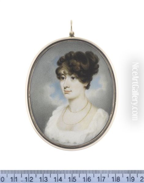 A Lady, Wearing White Dress With Frilled Trim To Her Decollete, Double-stranded Gold Necklace, Her Dark Hair Curled And Upswept Oil Painting by George Chinnery