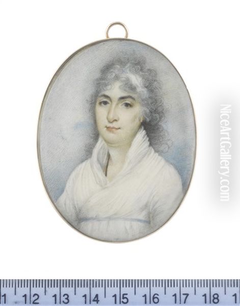 A Lady, Called Miss Fletcher, Wearing White Dress, Narrow Sky Blue Ribbon Waistband, A Black Cord Suspended From Her Neck, Her Powdered Hair Partially Upswept And Dressed With A White Bandeau Oil Painting by George Chinnery