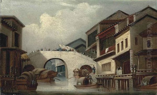 Canal And Bridge At Honam, Canton Oil Painting by George Chinnery