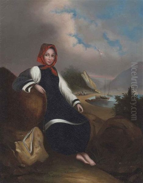 A Tanka Boat Girl Seated On An Idealized Shore (+ A Companion; 2 Works) Oil Painting by George Chinnery