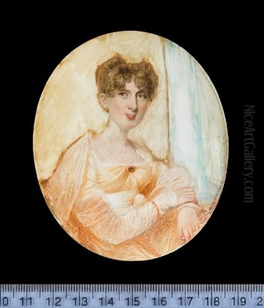 An Unfinished Portrait Of A Lady, Seated Wearing Peach Colored Dress With White Sash And Gauze Shawl Oil Painting by George Chinnery