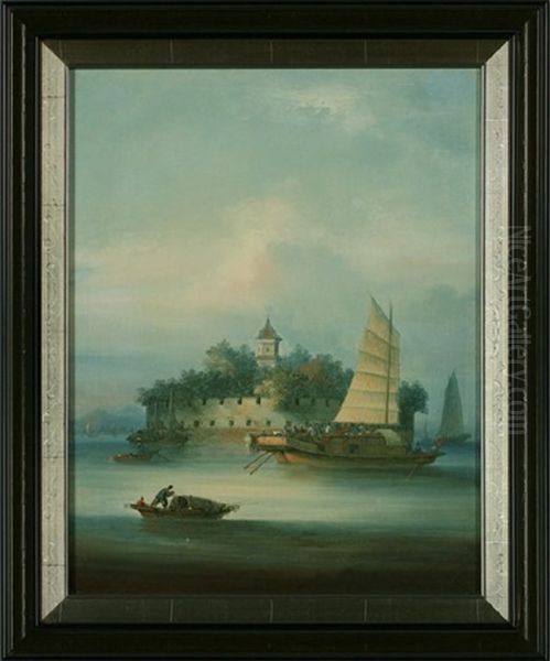 Macao Fort Below Canton, Pearl River Oil Painting by George Chinnery