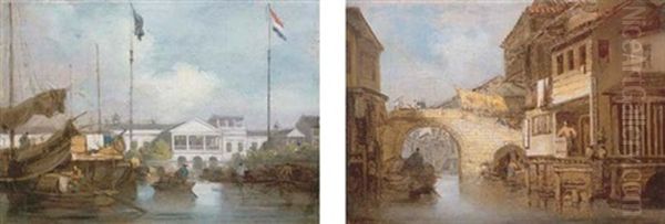 The British And Dutch Factories At Canton (+ Canal And Bridge At Honam, Canton; 2 Works) Oil Painting by George Chinnery