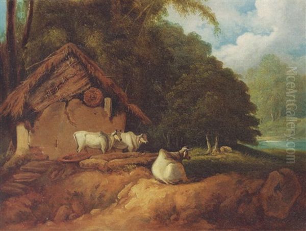 Cows In A Bengali Landscape Oil Painting by George Chinnery