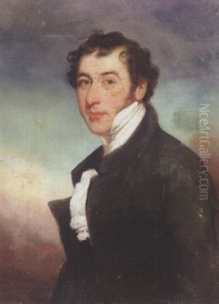 Portrait Of A Gentleman Wearing A Black Overcoat And White Cravat Oil Painting by George Chinnery