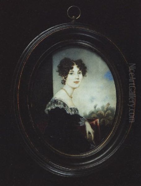 Elizabeth, Lady D'oyly Wearing Decollete Black Dress With White Lace Collar And Cuffs And Pearl Necklace, Holding A Book, Palm Trees In The Distance Oil Painting by George Chinnery