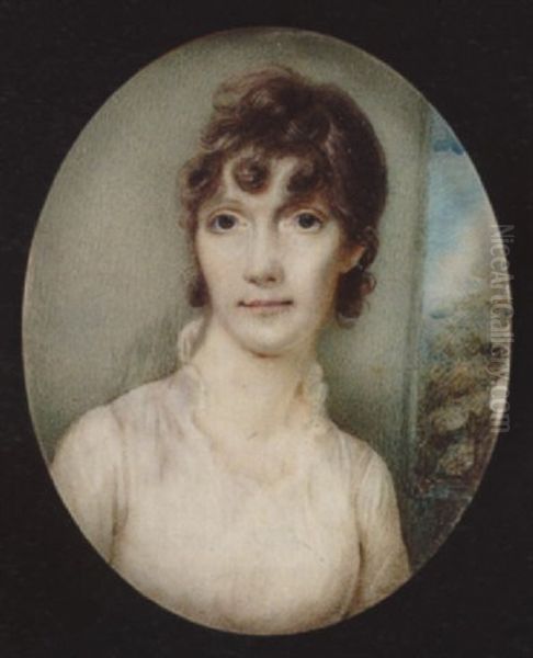 A Lady Wearing With Short Curled Hair, Wearing White Dress With Short Ruff Collar, An Open Window Behind Oil Painting by George Chinnery