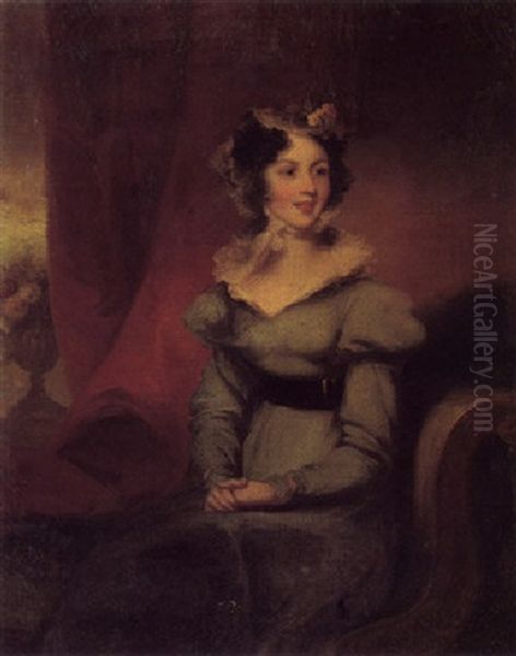 Portrait Of Miss Bennett Wearing A Green Dress And A White Lace Cap Oil Painting by George Chinnery