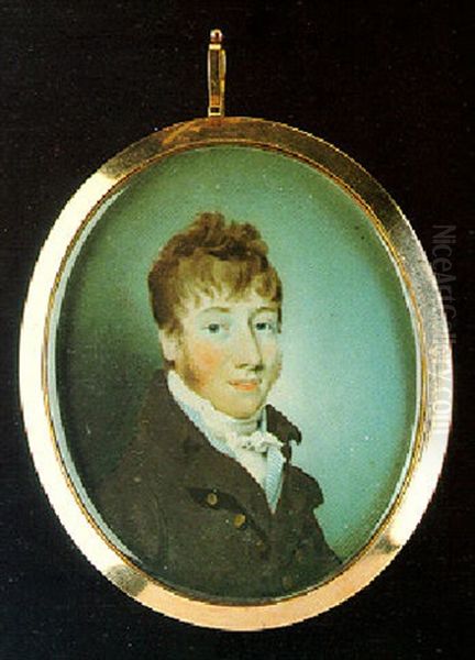 A Portrait Of A Gentleman Wearing Brown Coat, And Tied White Cravat Oil Painting by George Chinnery