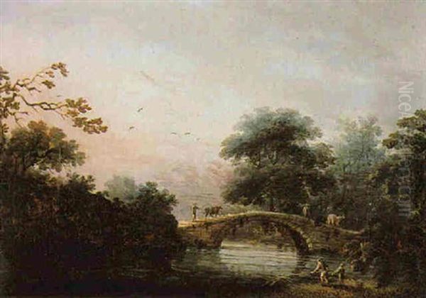 Drovers Guiding Cattle Over A Bridge In A Wooded River Landscape Oil Painting by George Chinnery