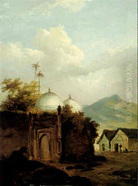 View Of A Cow By An Indian Temple Oil Painting by George Chinnery