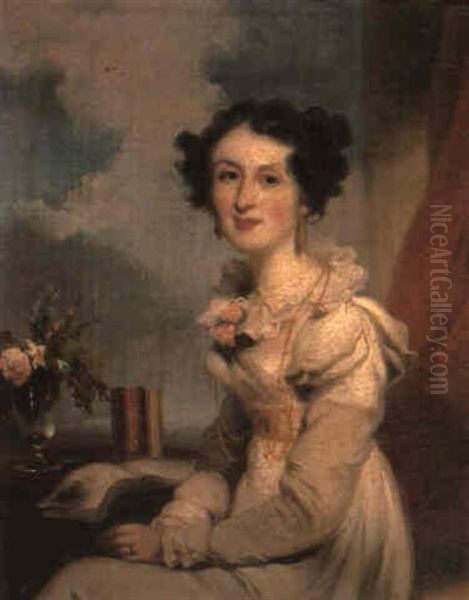 Portrait Of A Lady (a Member Of The Jardine Family?) Before A Table Oil Painting by George Chinnery