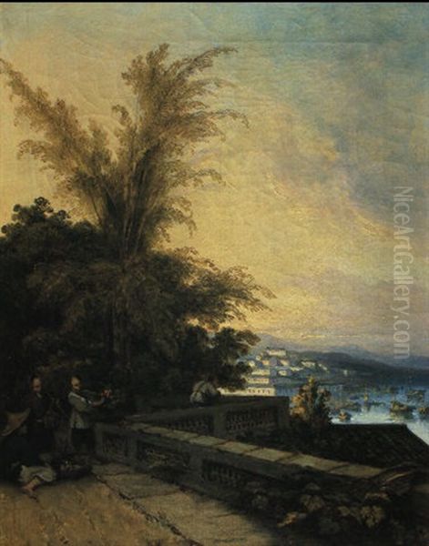 The Inner Harbour, Macau, Seen From The Casa Gardens Oil Painting by George Chinnery