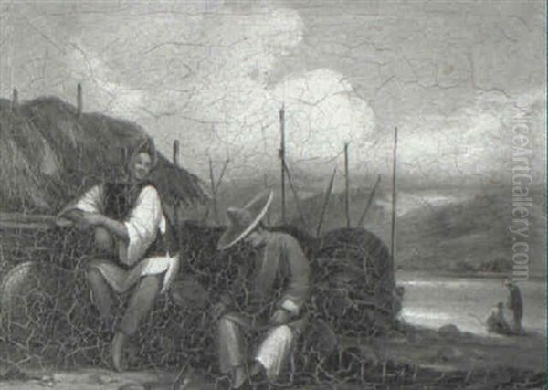 Two Chinese Peasants Resting Beside A Lake Oil Painting by George Chinnery