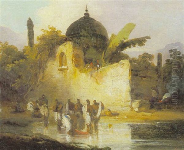 Indians Washing In A Pool By A Temple Oil Painting by George Chinnery