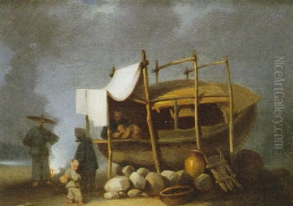 A Chinese Family By A Beached Sampan Oil Painting by George Chinnery