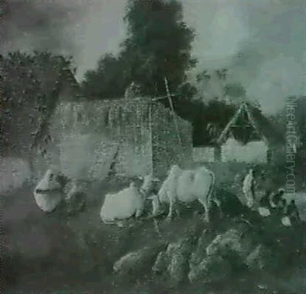 Figures And Cattle Before A Village Oil Painting by George Chinnery